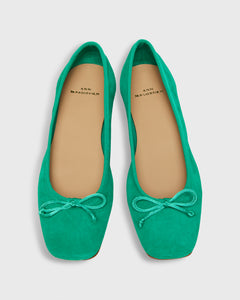 Square-Toe Ballet Flat in Green Suede