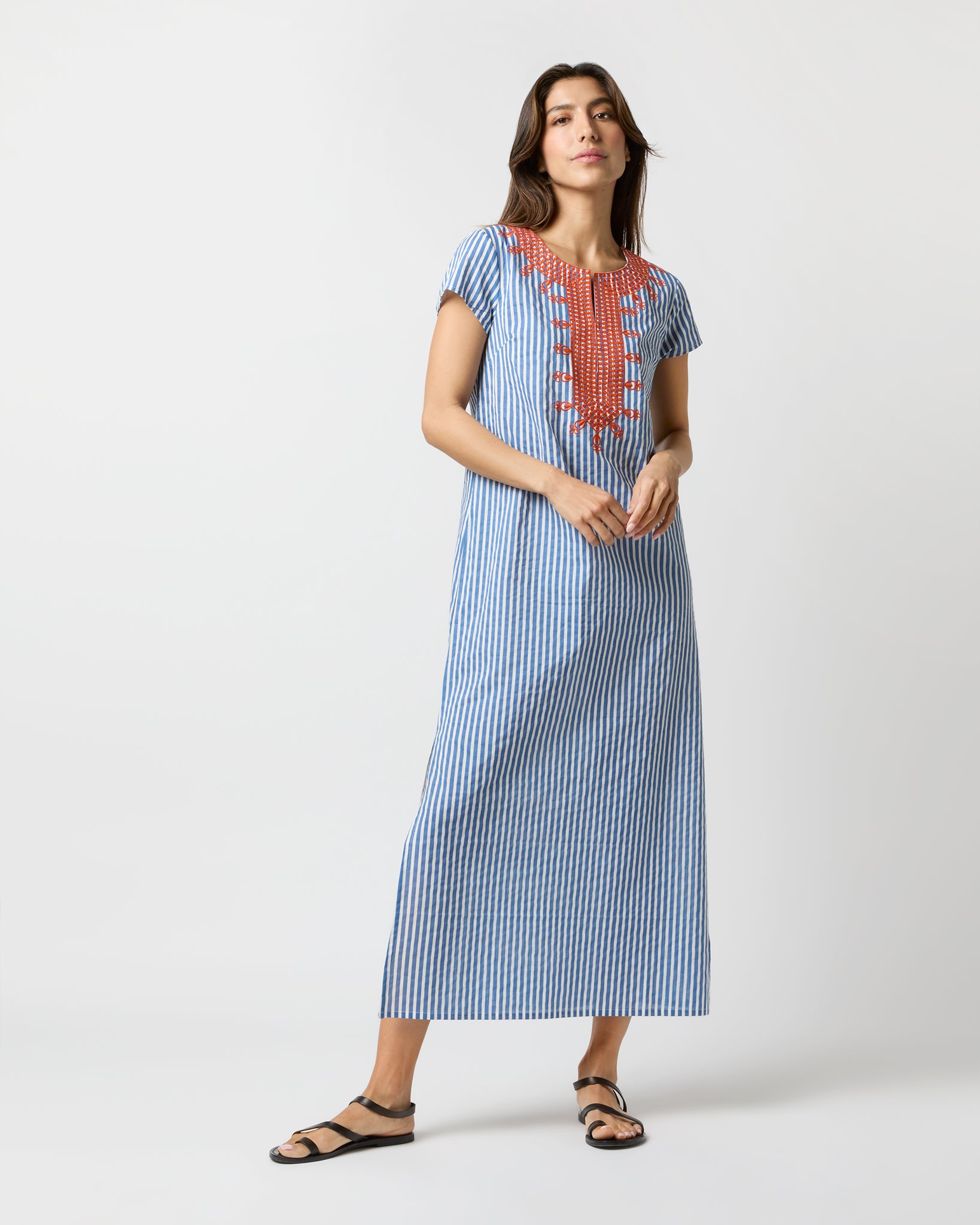 Saint Tropez Maxi Dress in Blue/White Stripe with Orange