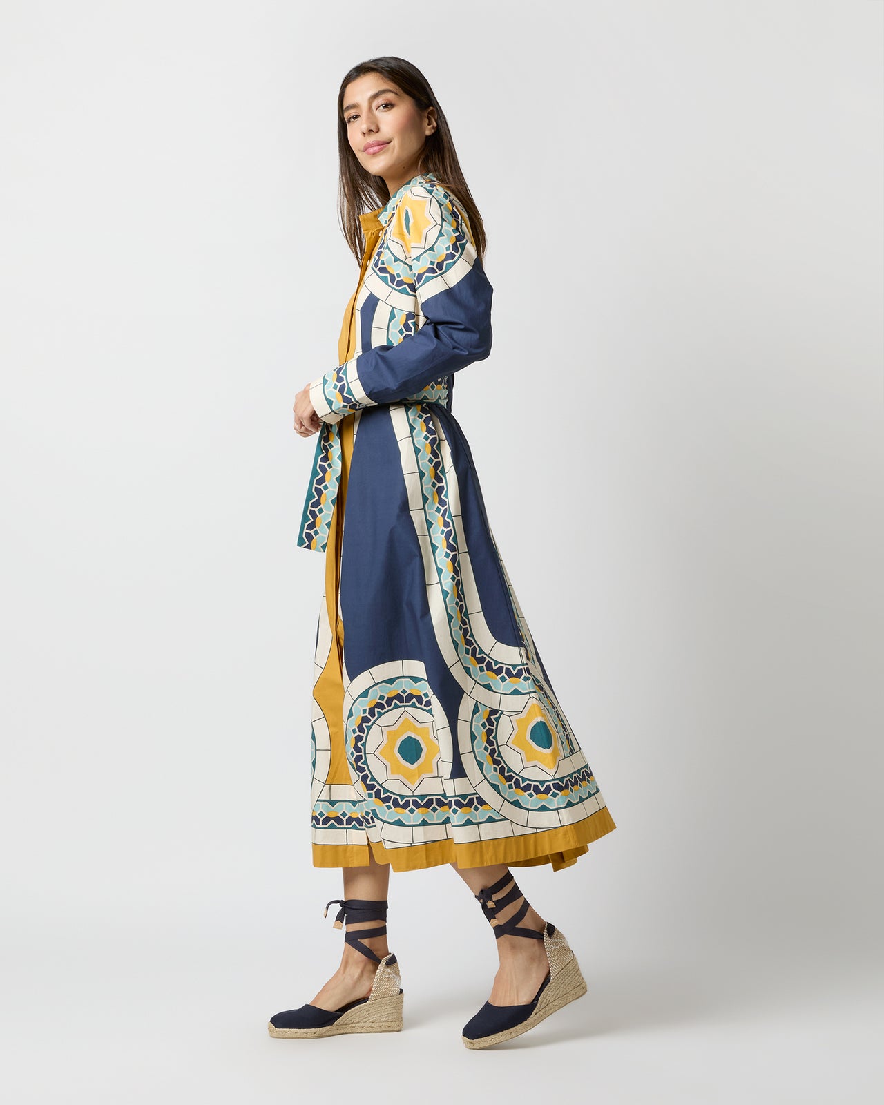 Sundowner Dress in Blue Mudejar Placée Cotton Popeline