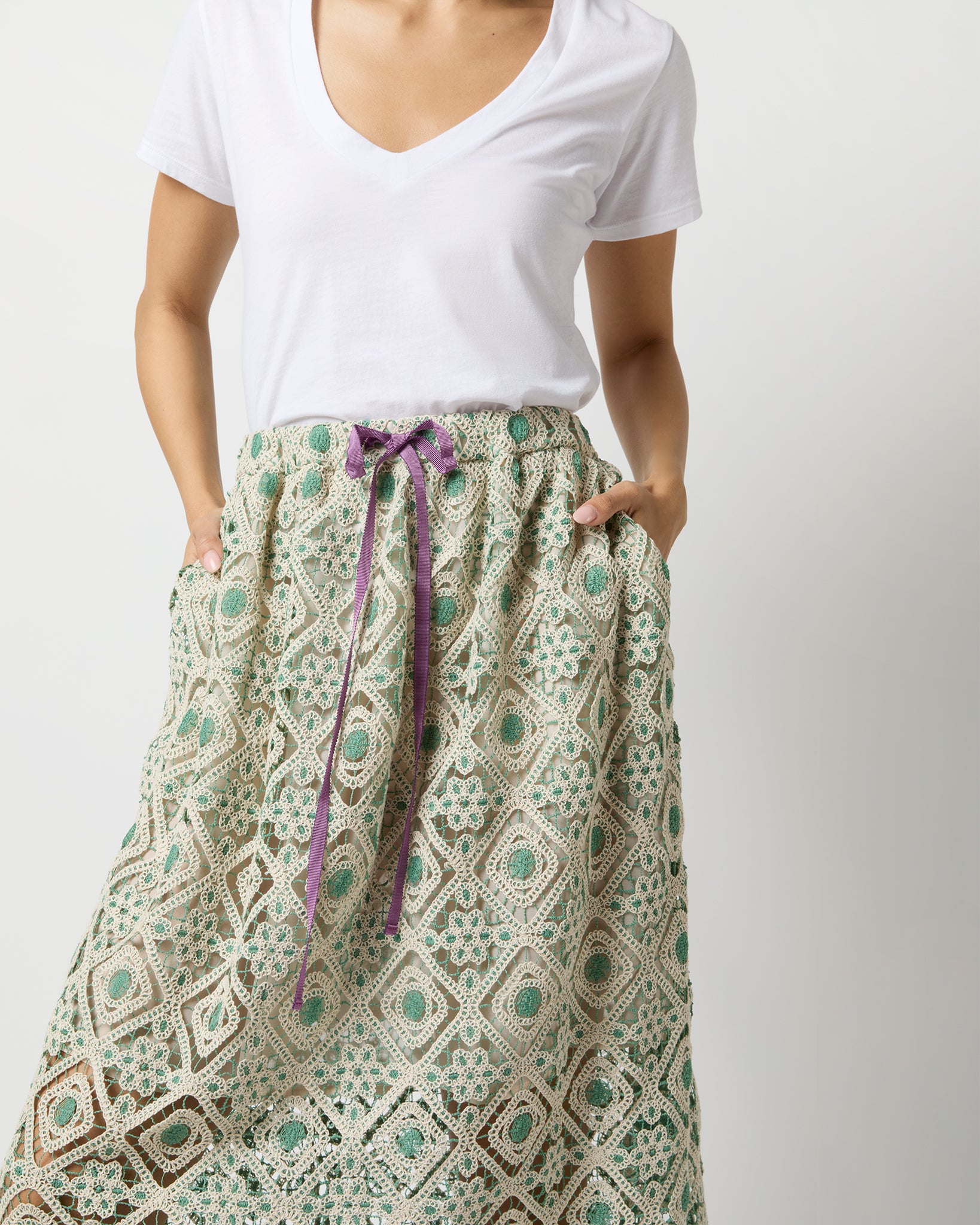 Drawstring Skirt in Cream Agua Macramé