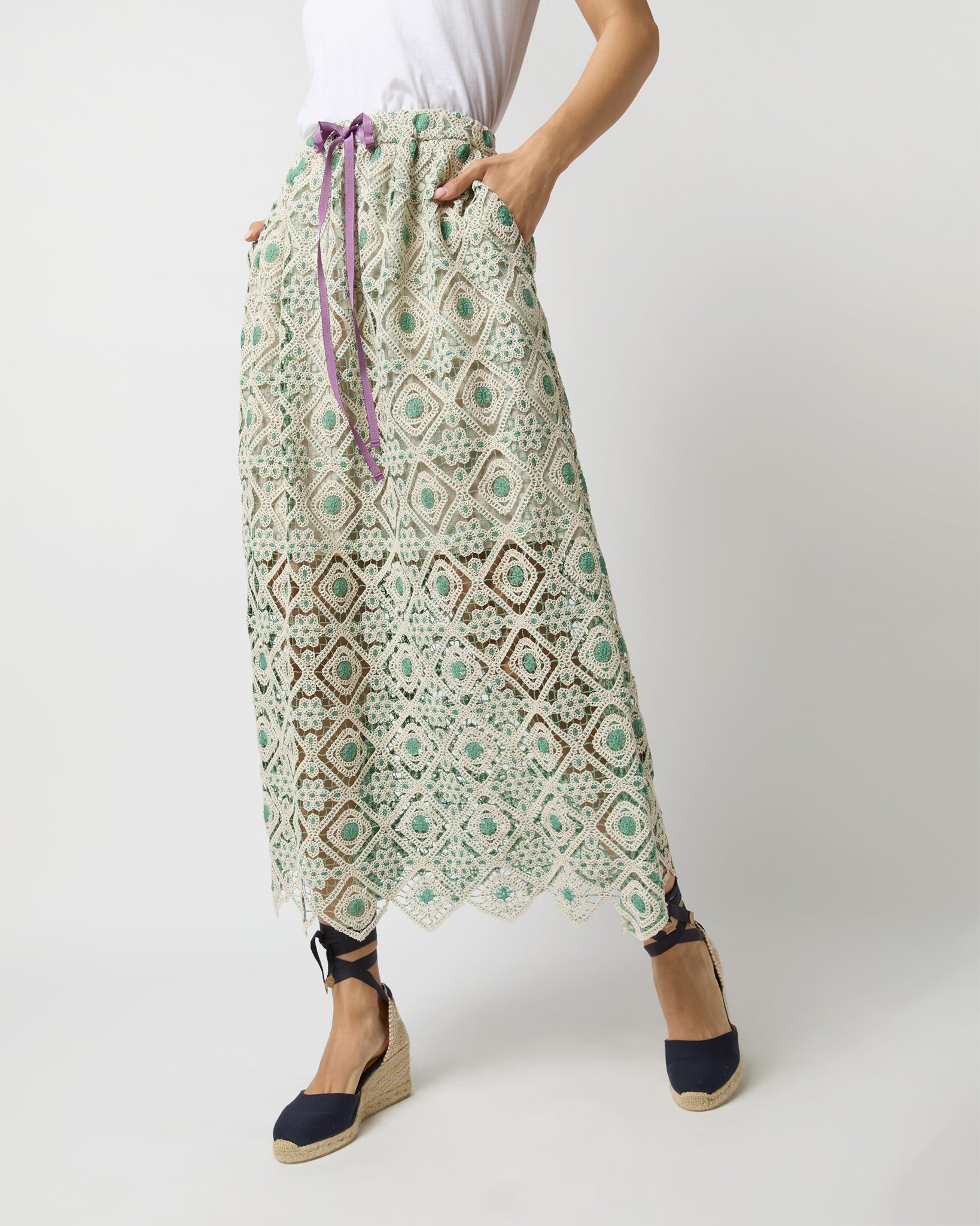 Drawstring Skirt in Cream Agua Macrame Shop Ann Mashburn