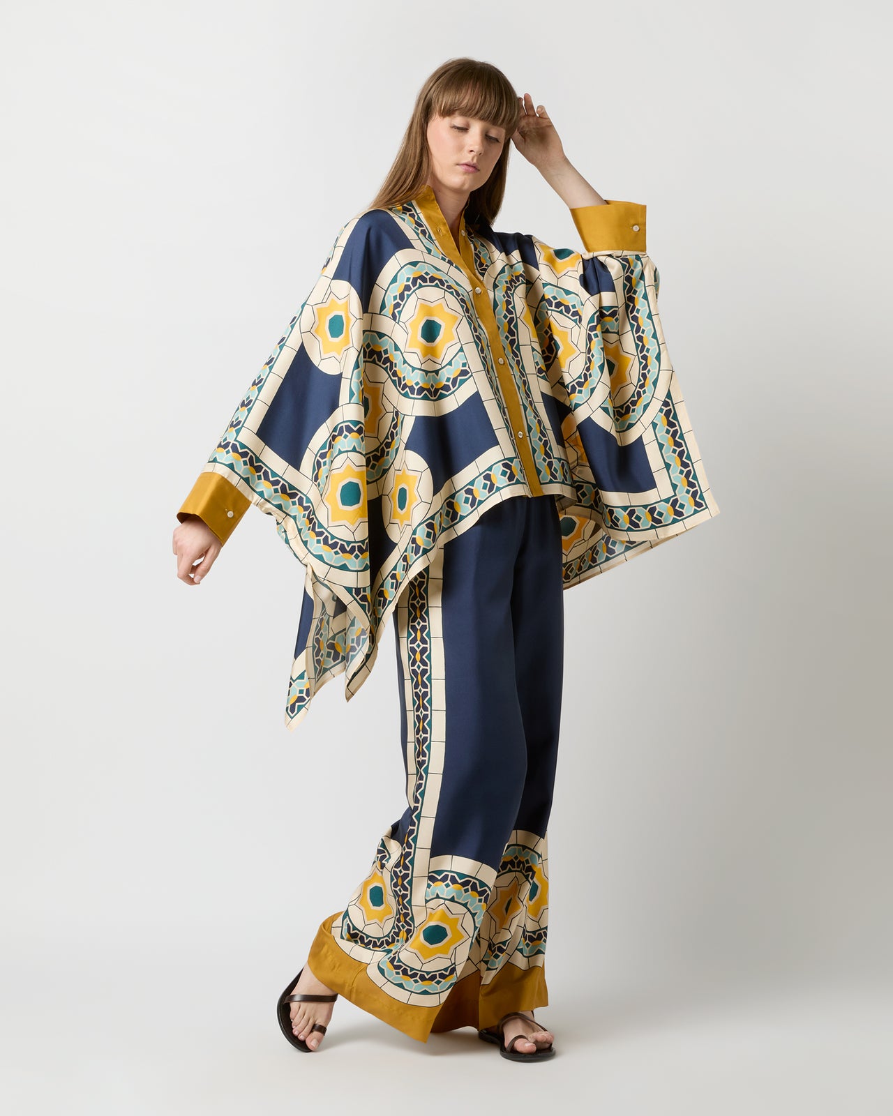 Palazzo Pant in Blue Mudejar Placée Silk Twill