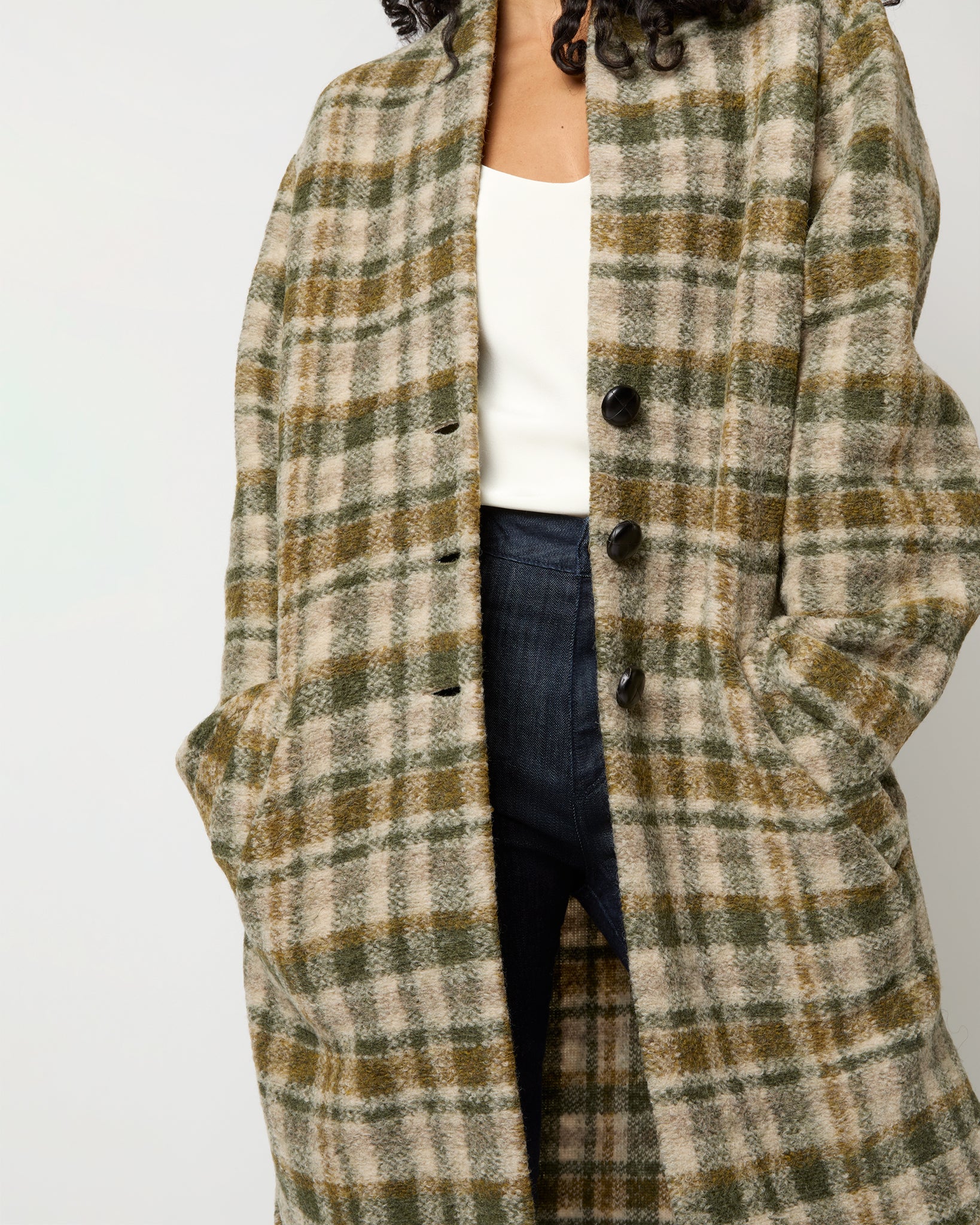 Gabriel Checked Coat in Khaki Ecru Shop Ann Mashburn