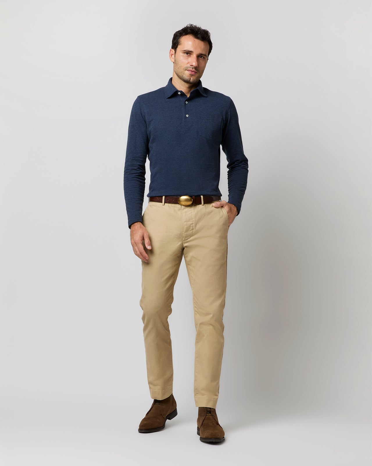 Long-Sleeved Polo in Heather Denim Pima Pique