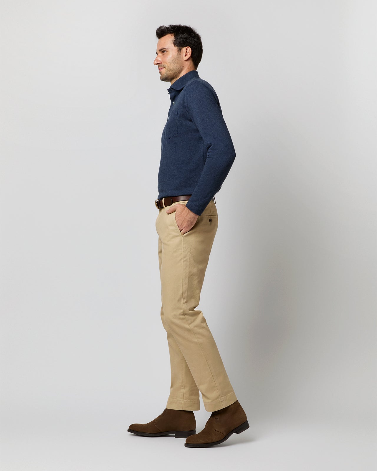 Long-Sleeved Polo in Heather Denim Pima Pique