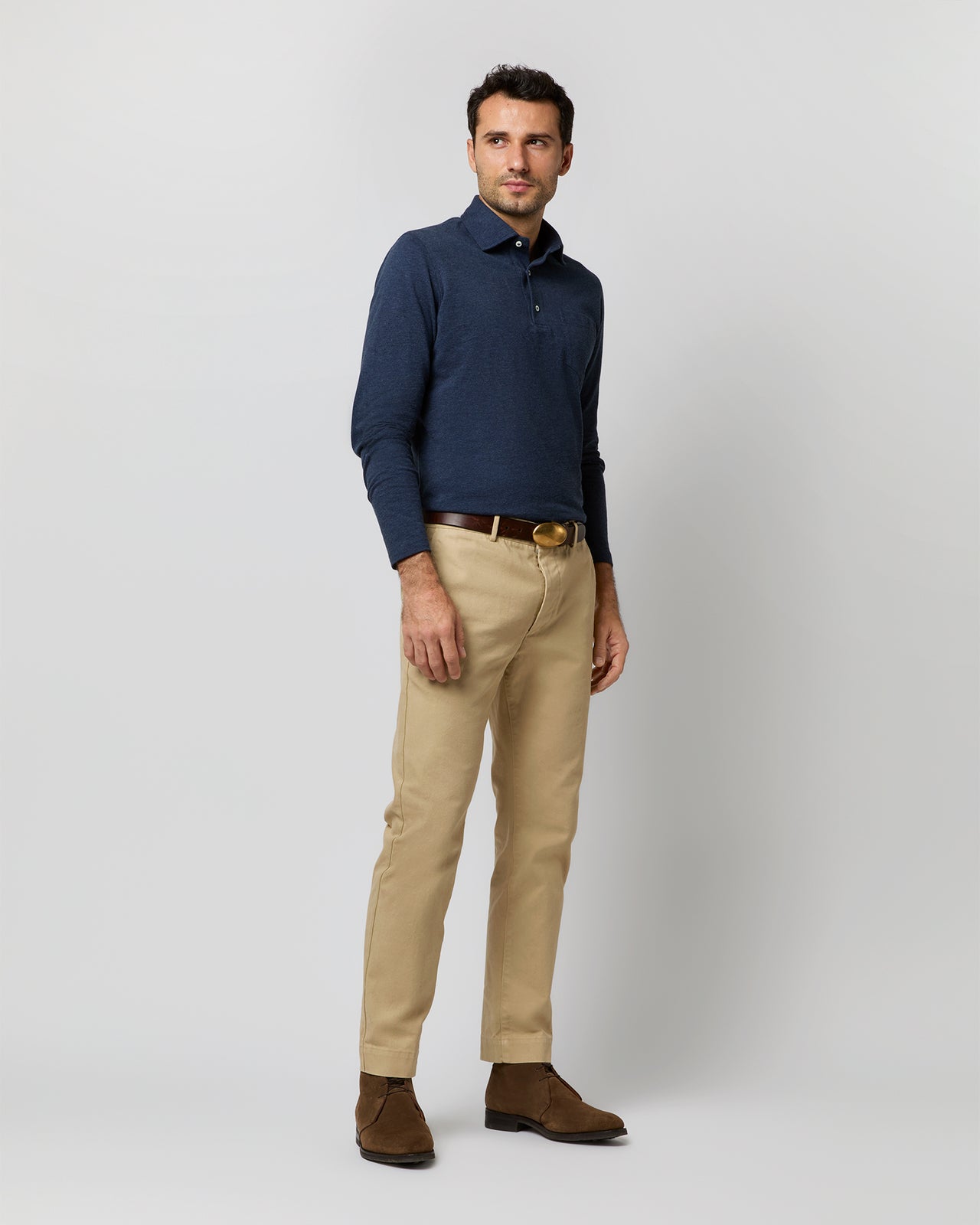 Long-Sleeved Polo in Heather Denim Pima Pique