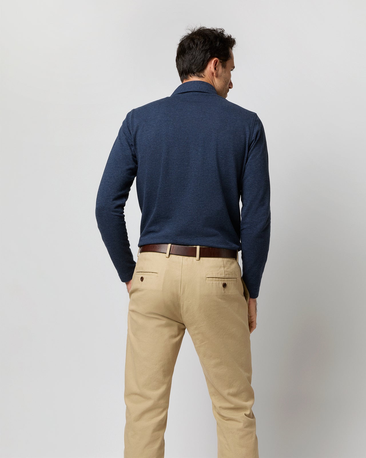 Long-Sleeved Polo in Heather Denim Pima Pique
