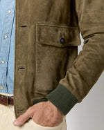 Load image into Gallery viewer, Button-Front Bomber Jacket in Olive Suede
