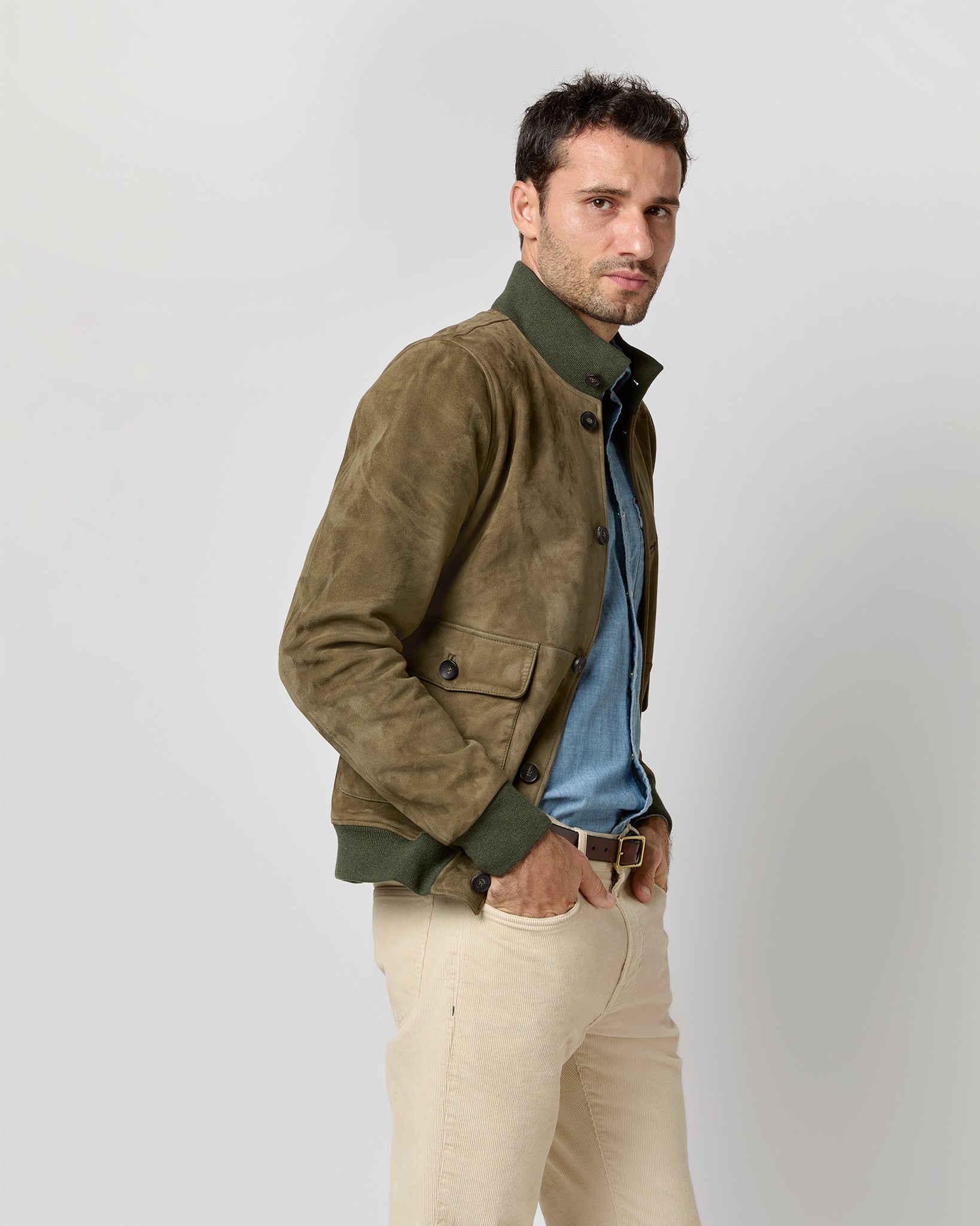 Button-Front Bomber Jacket in Olive Suede