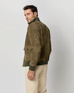 Load image into Gallery viewer, Button-Front Bomber Jacket in Olive Suede
