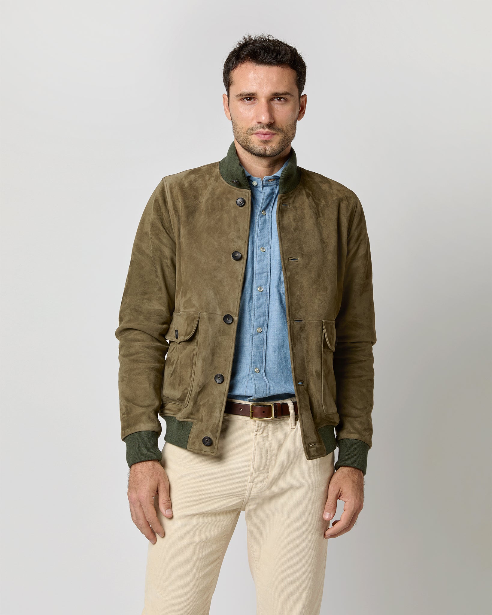 Button-Front Bomber Jacket in Olive Suede