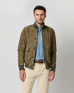 Load image into Gallery viewer, Button-Front Bomber Jacket in Olive Suede
