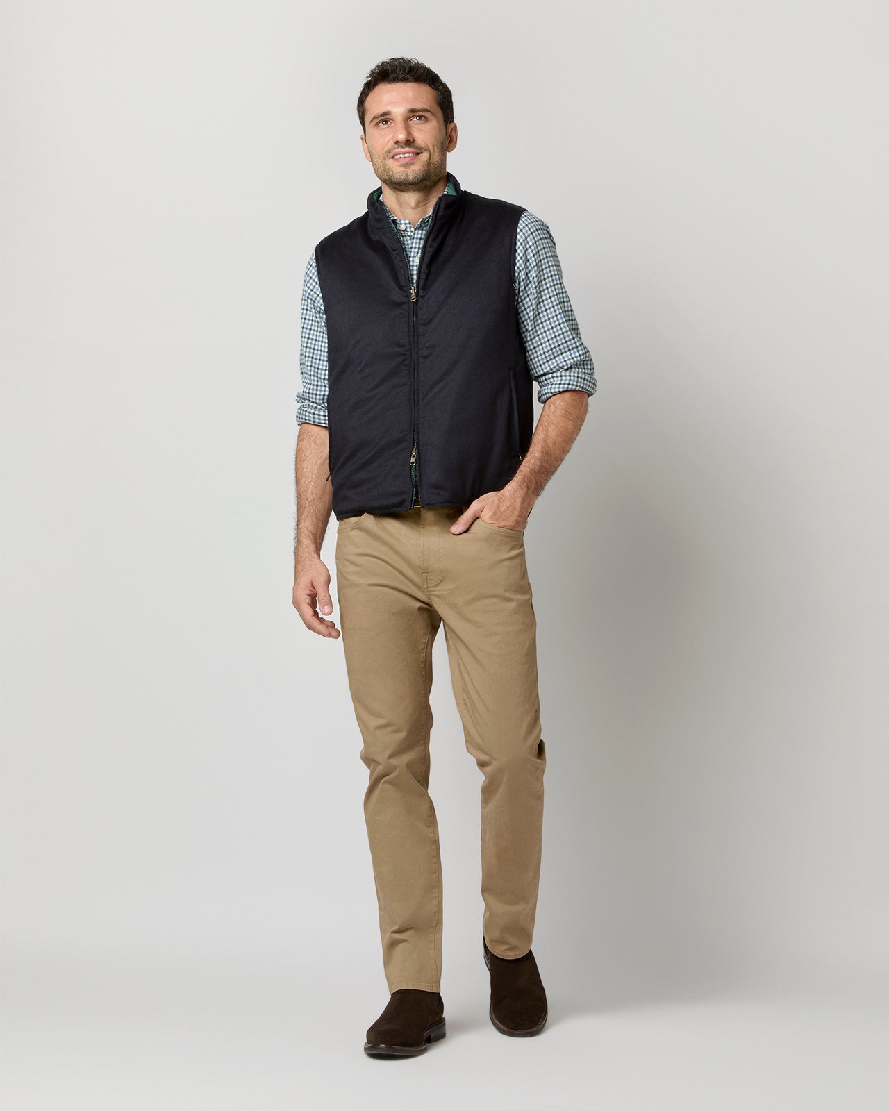 Reversible Cashpad Zip Vest in Spruce Nylon/Navy Cashmere Flannel
