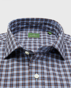 Spread Collar Sport Shirt in Sky/Brown/Navy Check Poplin