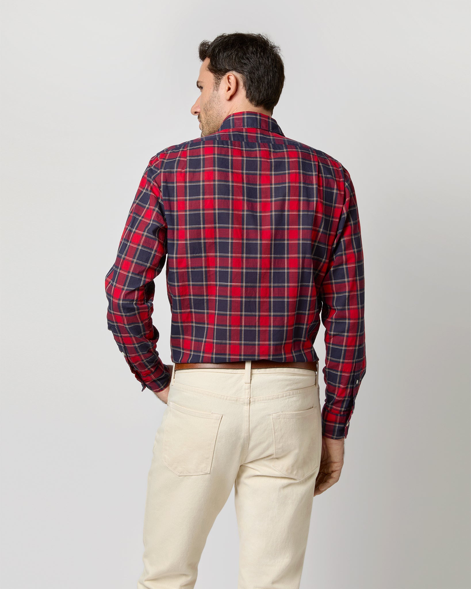 Spread Collar Sport Shirt in Red/Navy/Yellow Plaid Poplin