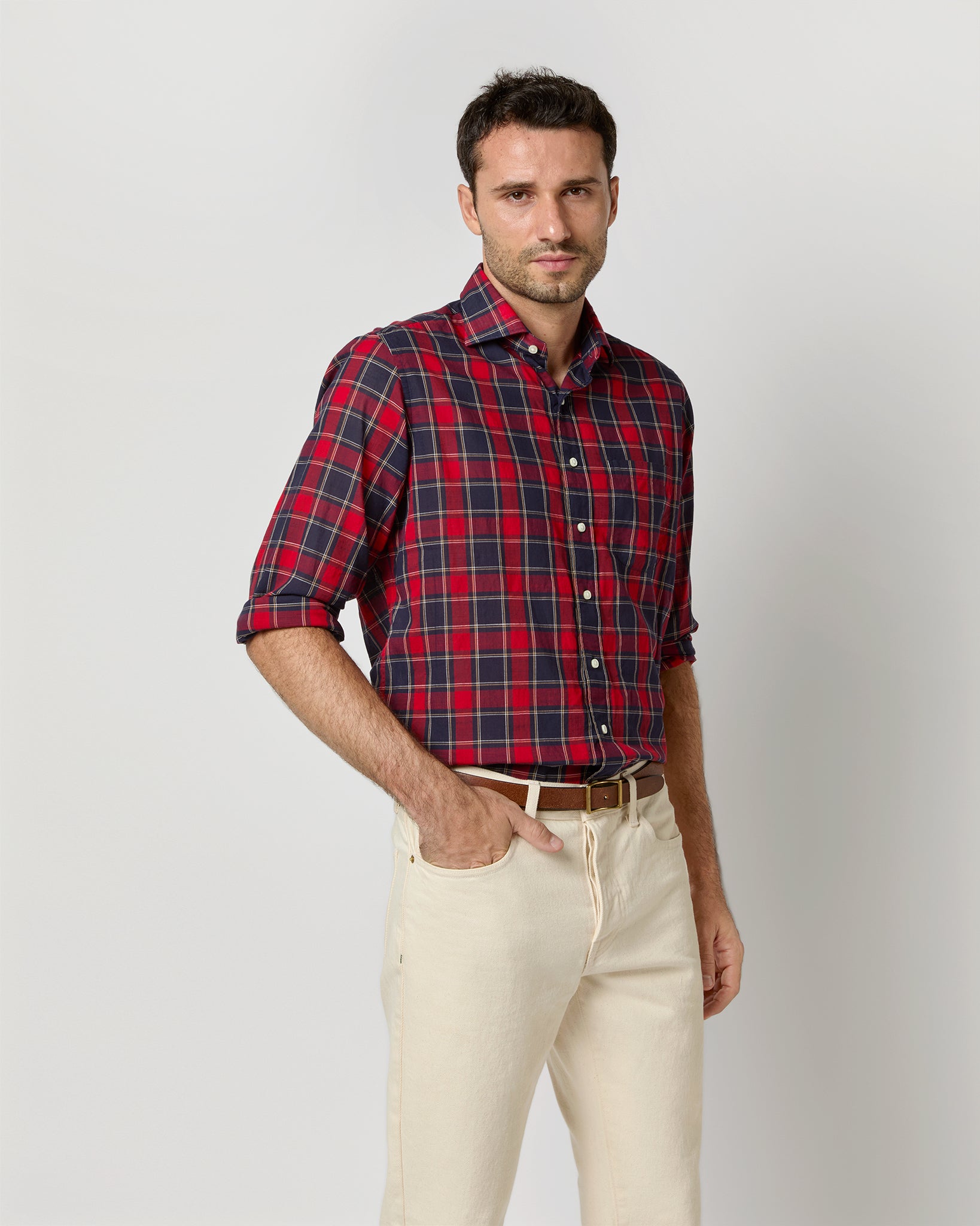 Spread Collar Sport Shirt in Red/Navy/Yellow Plaid Poplin