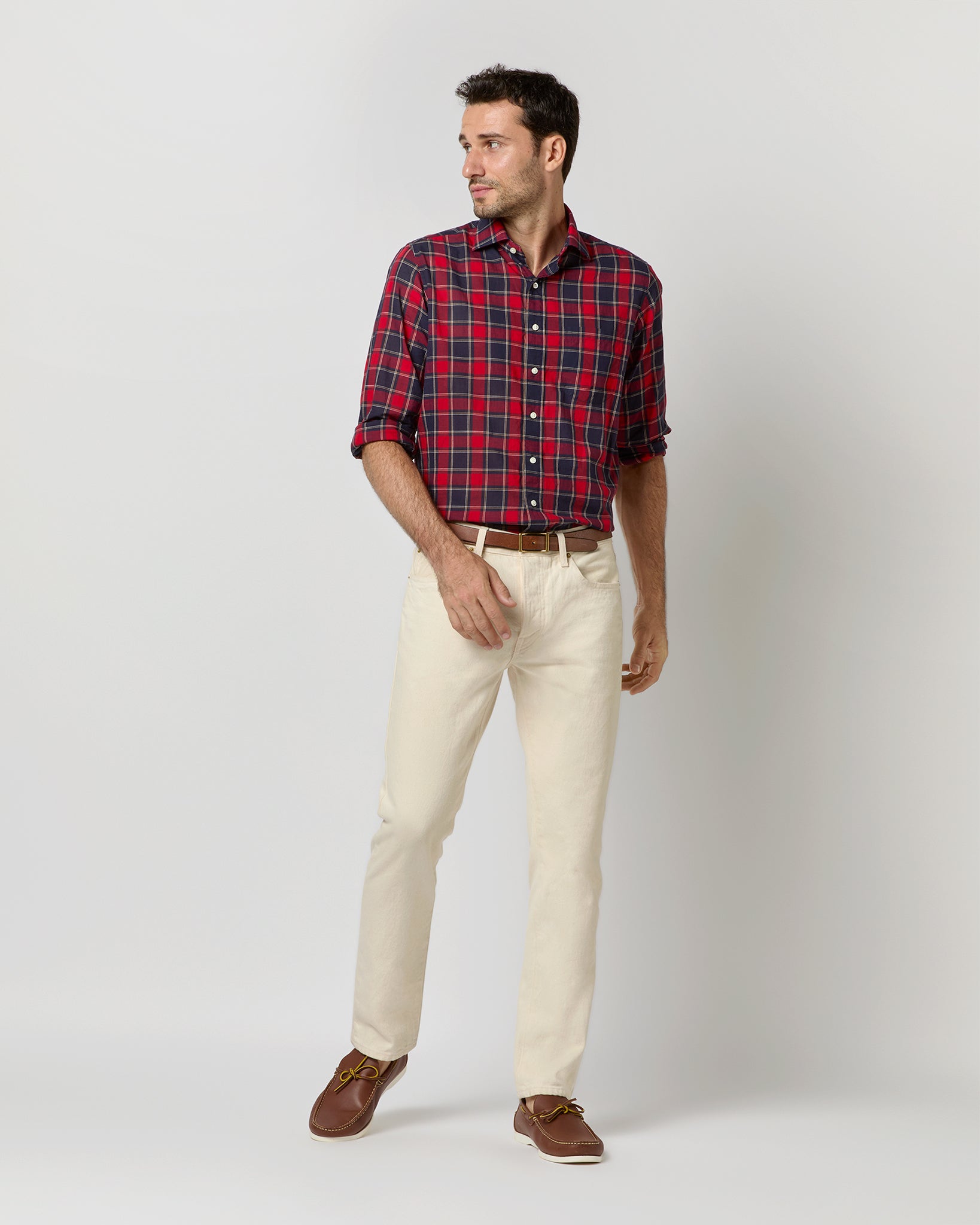 Spread Collar Sport Shirt in Red/Navy/Yellow Plaid Poplin