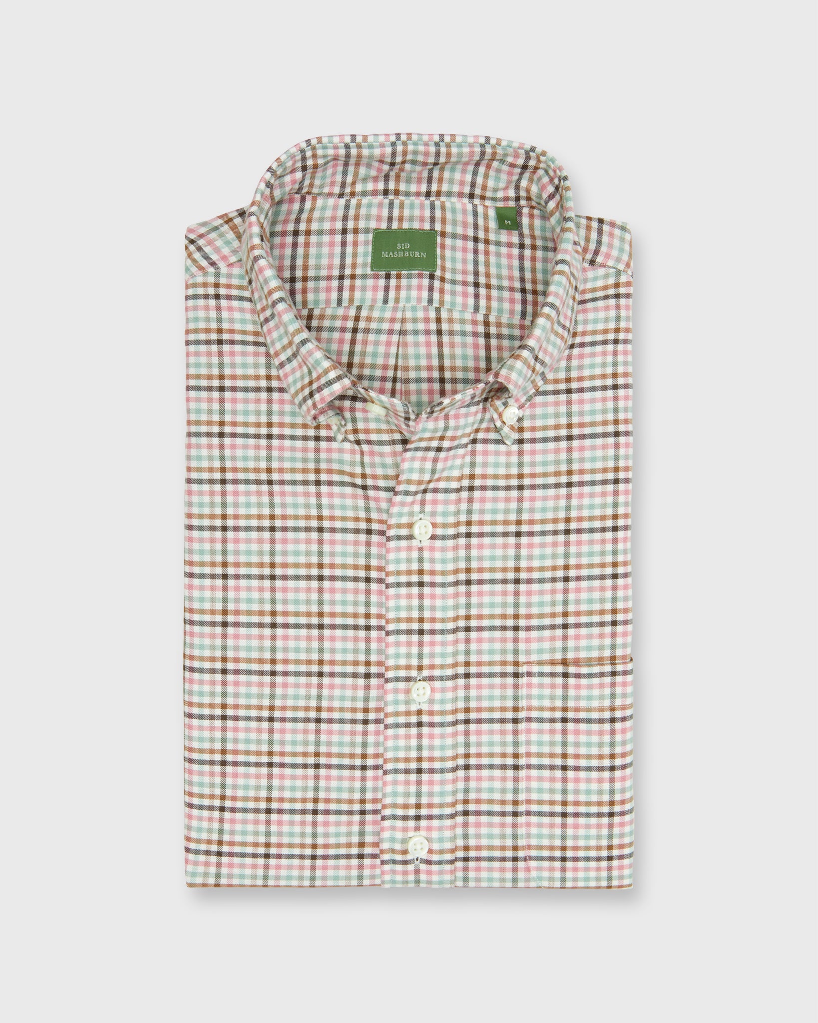 Button-Down Sport Shirt in Pink/Sage/Brown Tattersall Twill