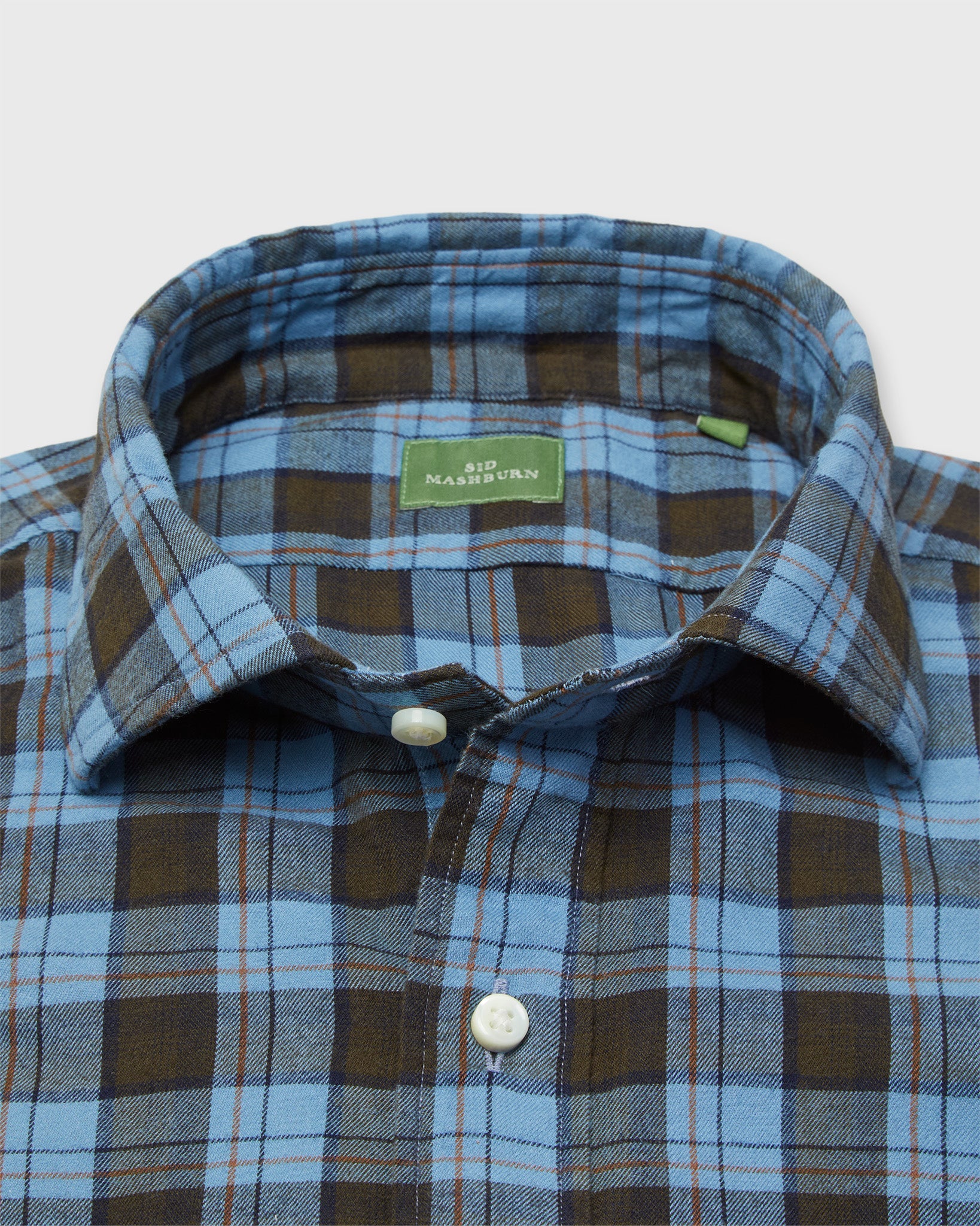 Spread Collar Sport Shirt in Delft/Army/Orange Plaid Brushed Twill