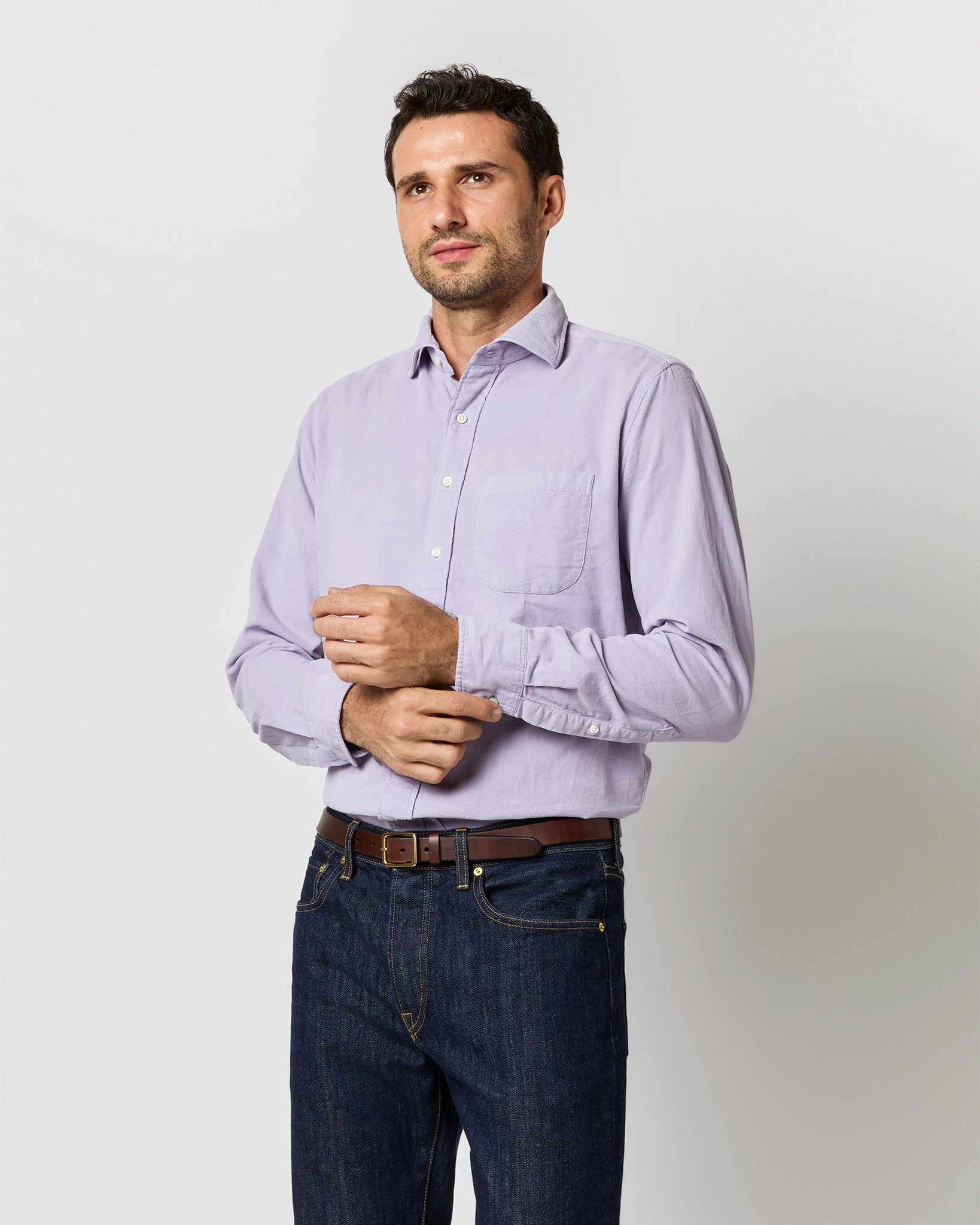 Spread Collar Sport Shirt in Lavender Corduroy