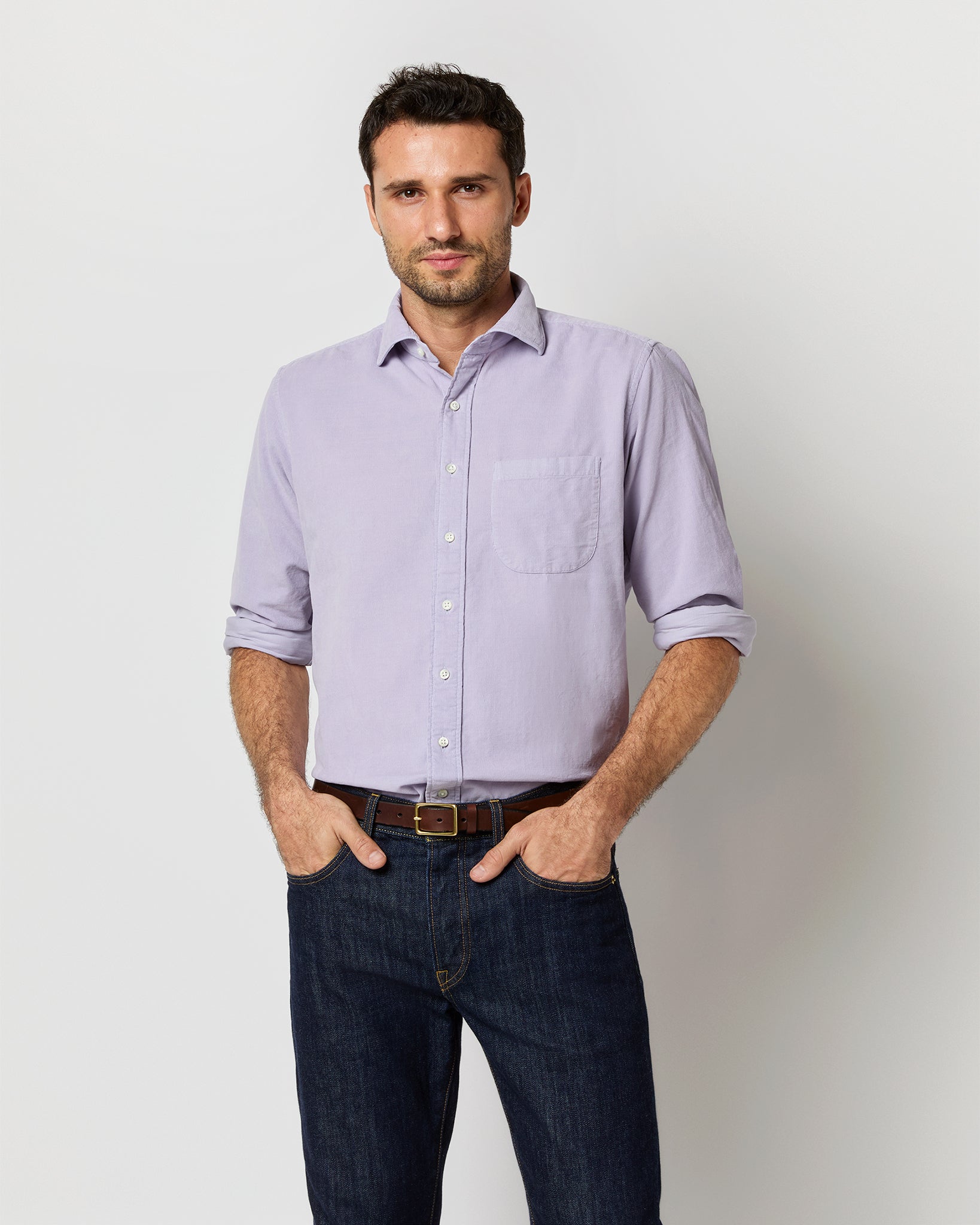 Spread Collar Sport Shirt in Lavender Corduroy