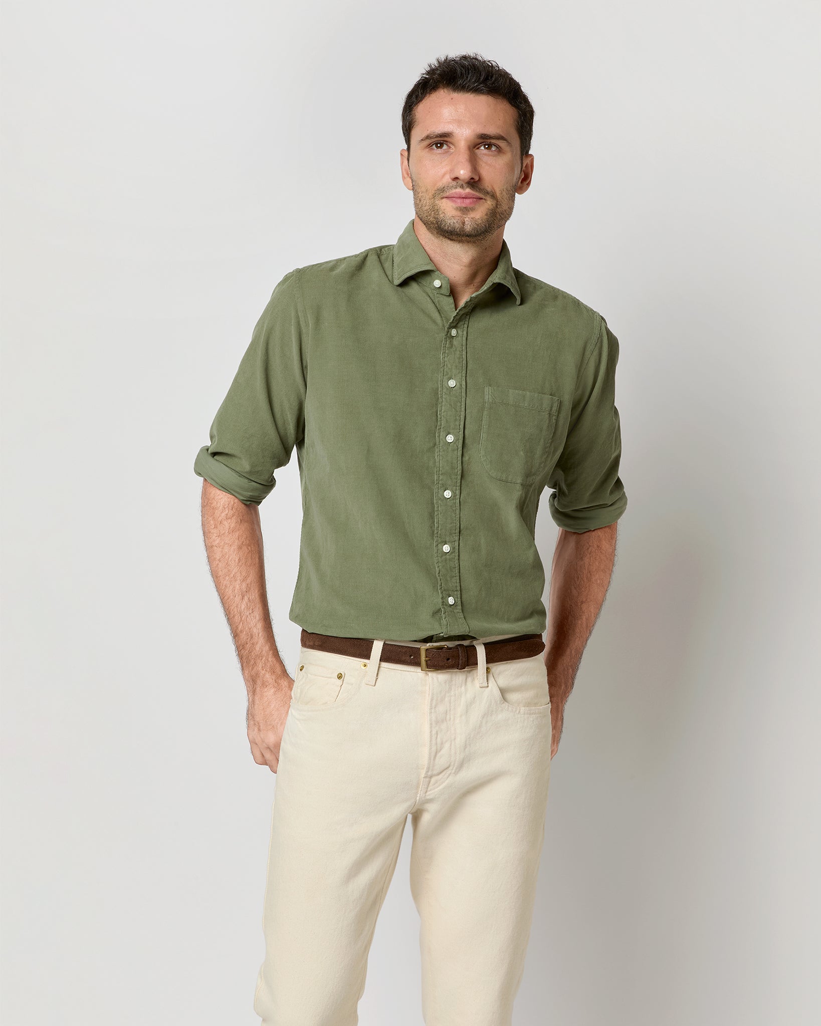 Spread Collar Sport Shirt in Moss Corduroy