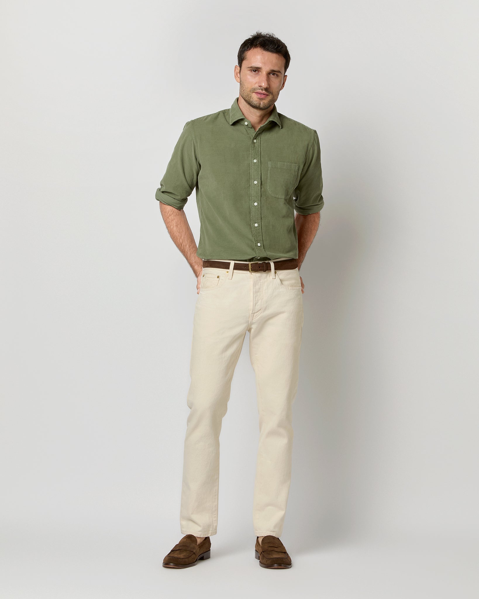 Spread Collar Sport Shirt in Moss Corduroy