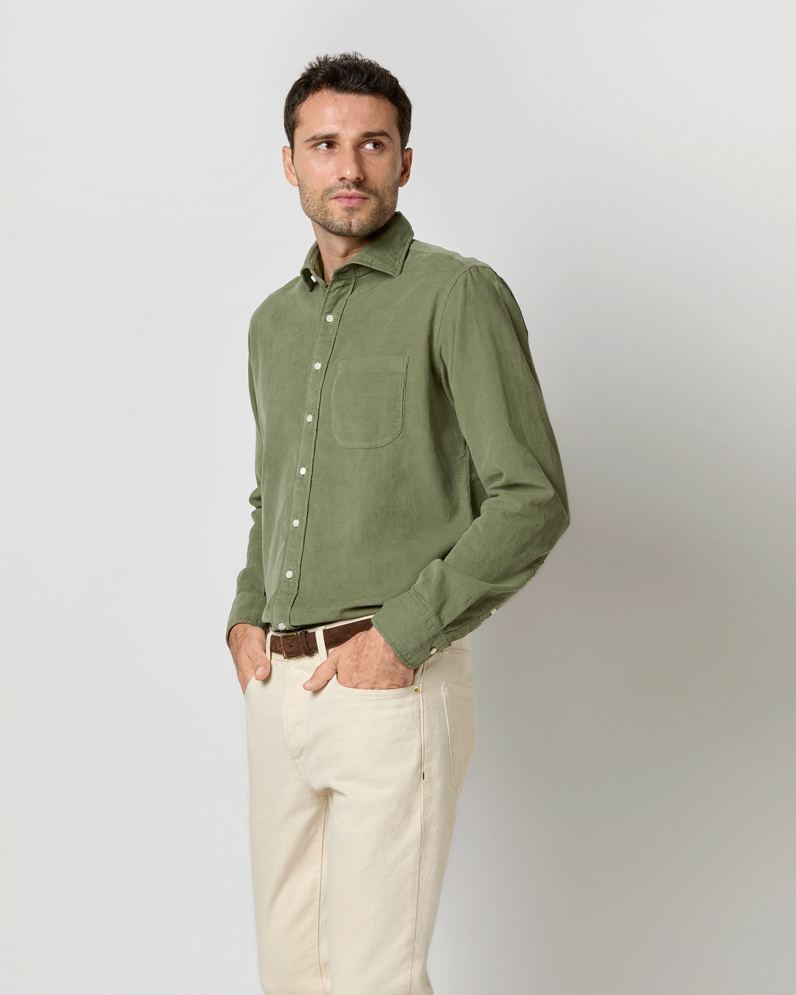 Spread Collar Sport Shirt in Moss Corduroy