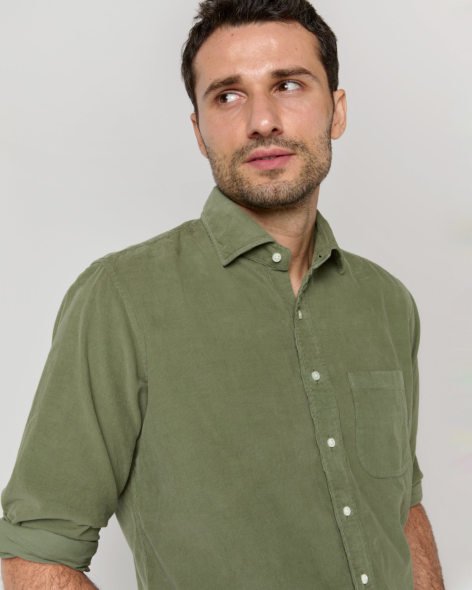 Spread Collar Sport Shirt in Moss Corduroy