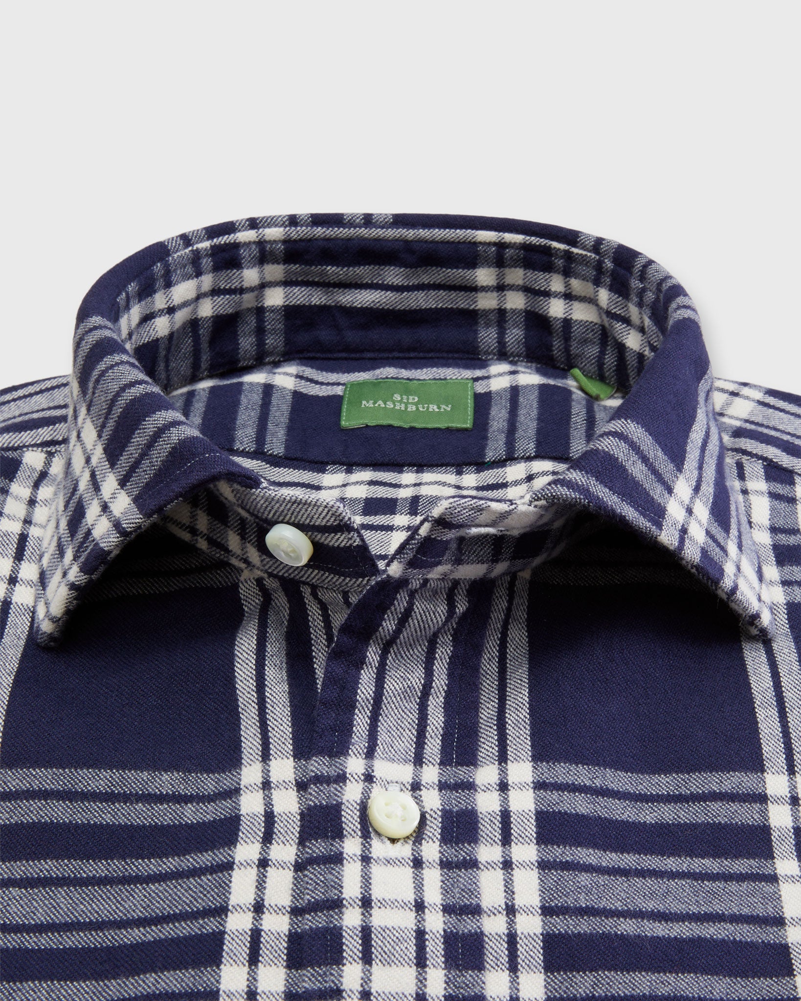 Spread Collar Sport Shirt in Navy/Bone Plaid Brushed Twill