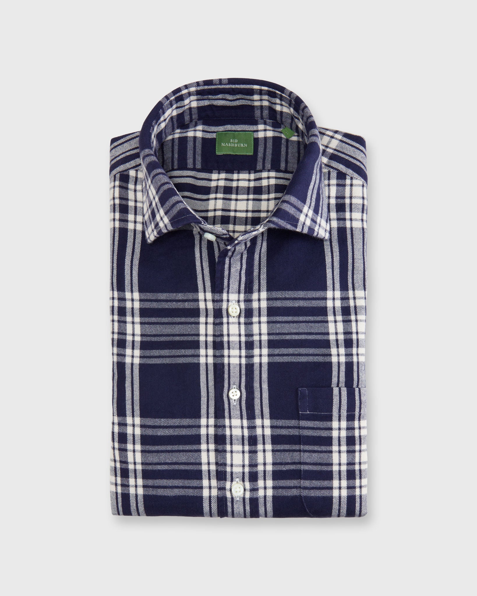 Spread Collar Sport Shirt in Navy/Bone Plaid Brushed Twill