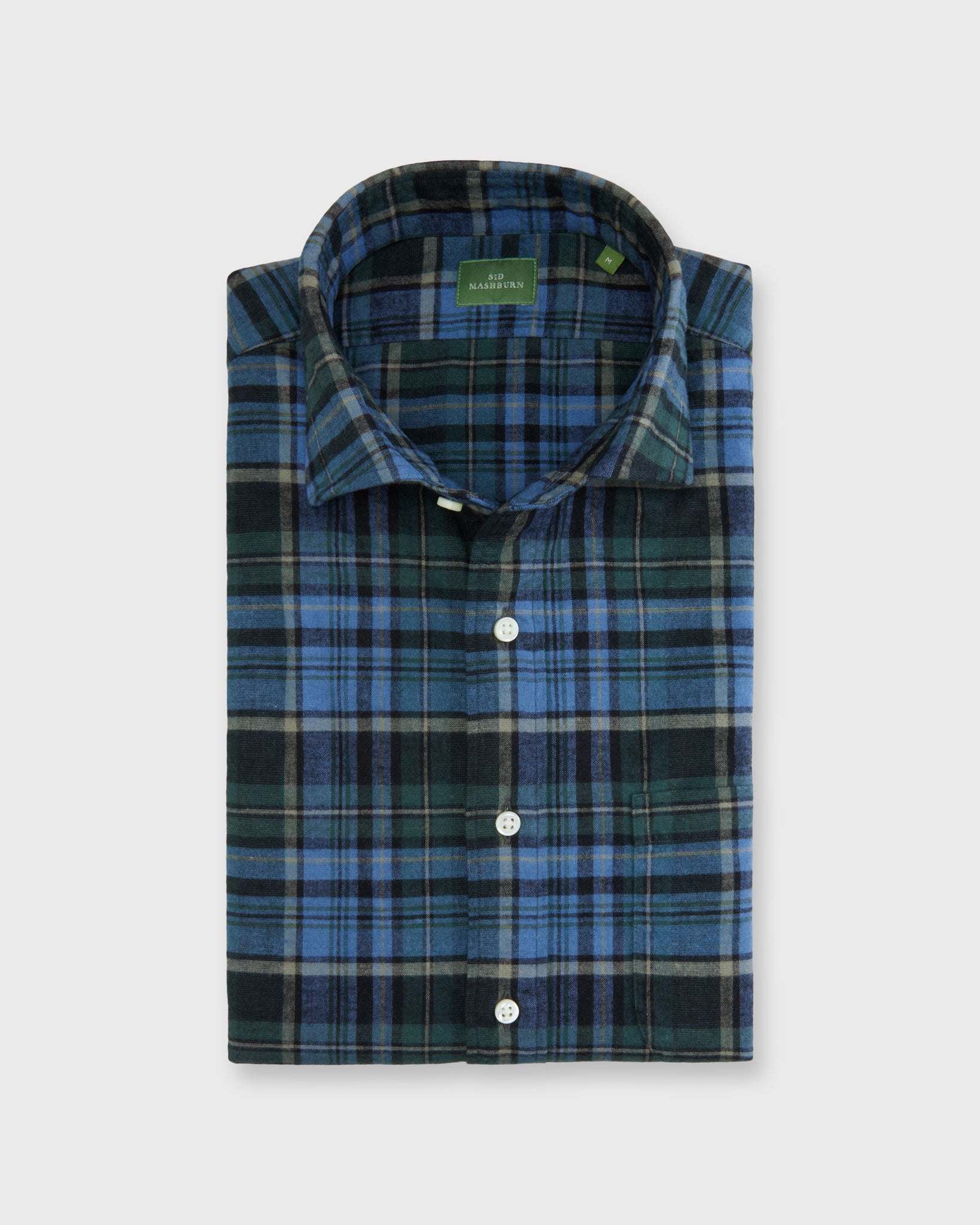 Spread Collar Sport Shirt in Green/Blue/Coal Plaid Flannel