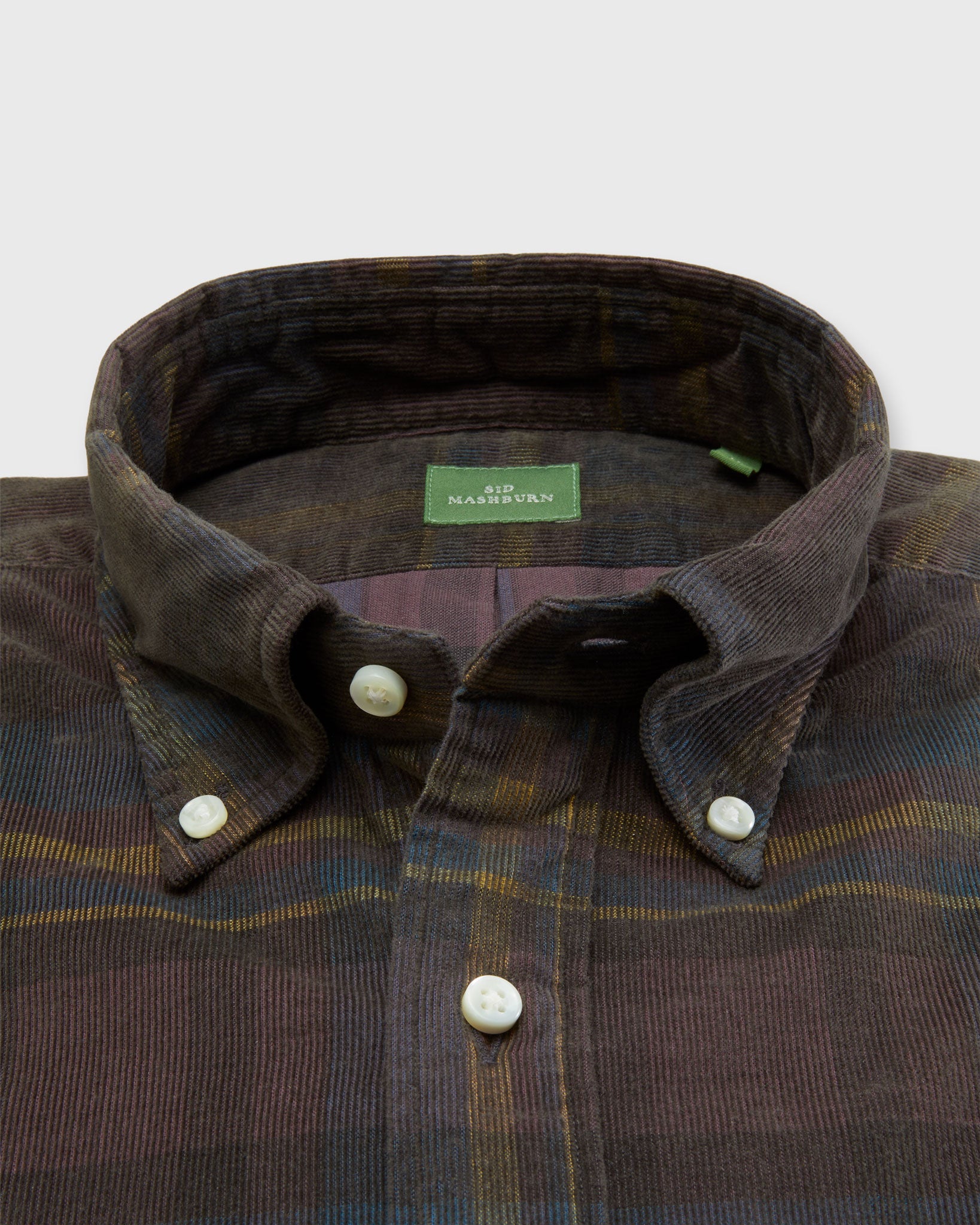 Button-Down Sport Shirt in Olive/Lake/Yellow Plaid Corduroy