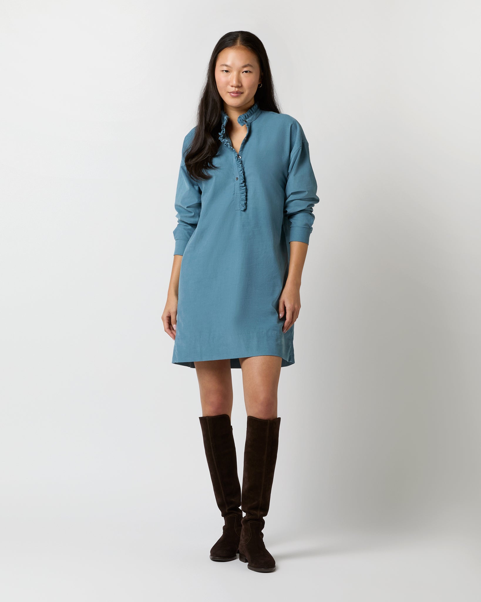 Nicky Popover Shirtdress in Steel Blue Stretch Cord