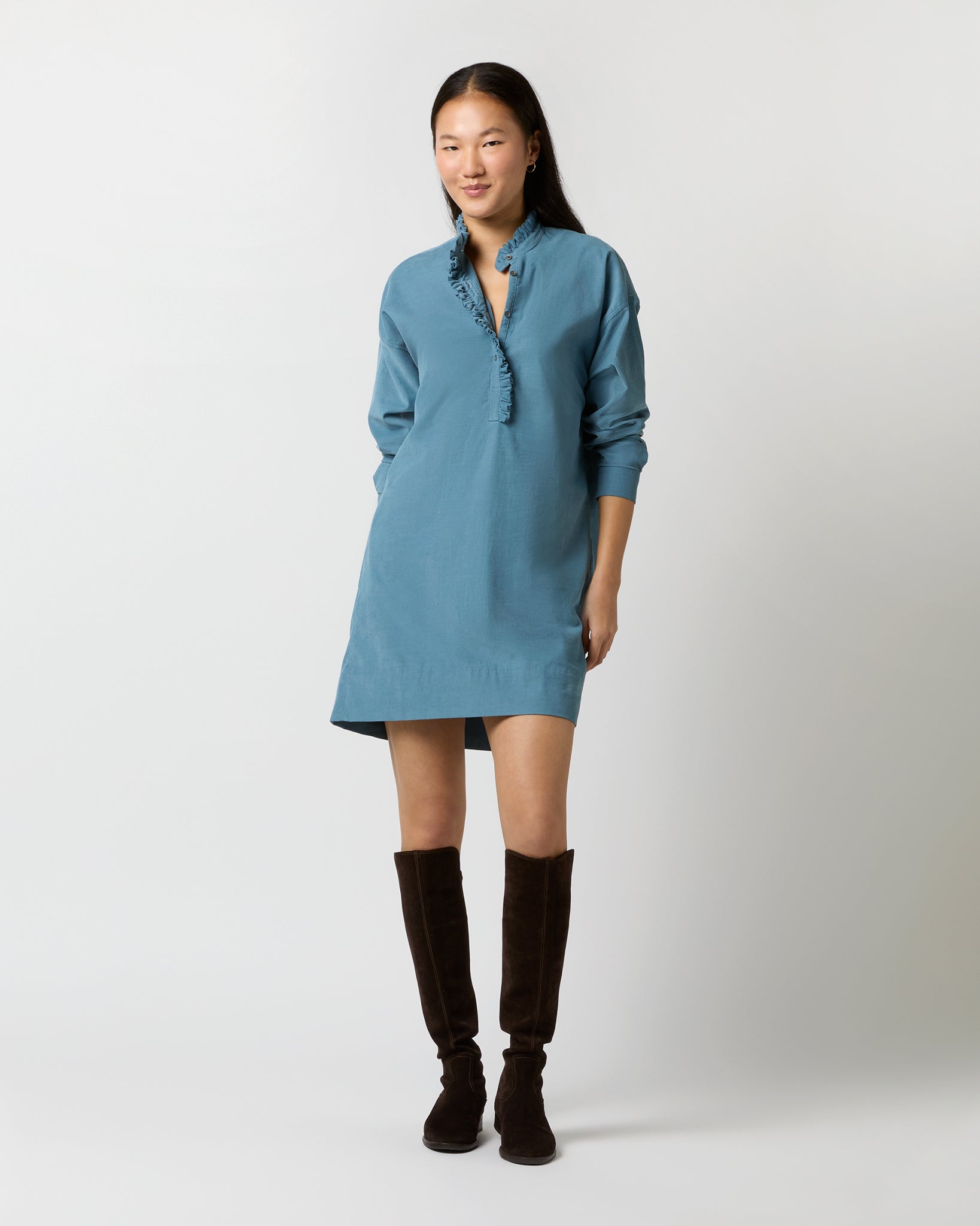 Nicky Popover Shirtdress in Steel Blue Stretch Cord