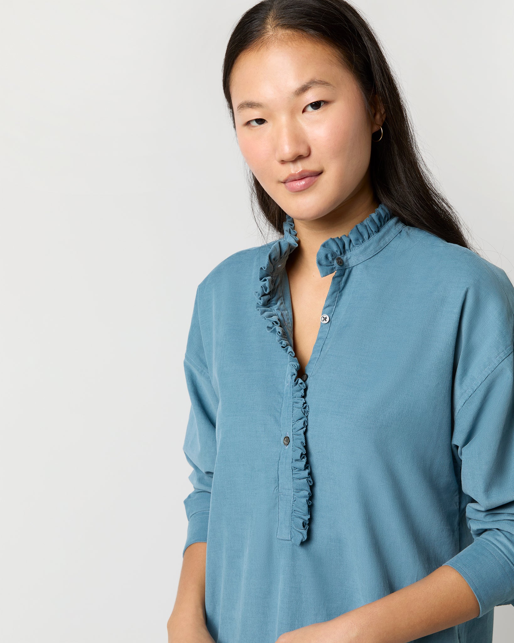 Nicky Popover Shirtdress in Steel Blue Stretch Cord