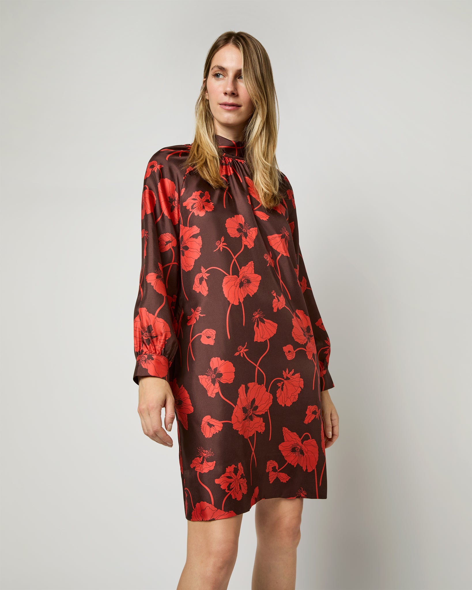 Maggie Dress in Chocolate/Spice Fragile Blooms Liberty Fabric Silk Twill