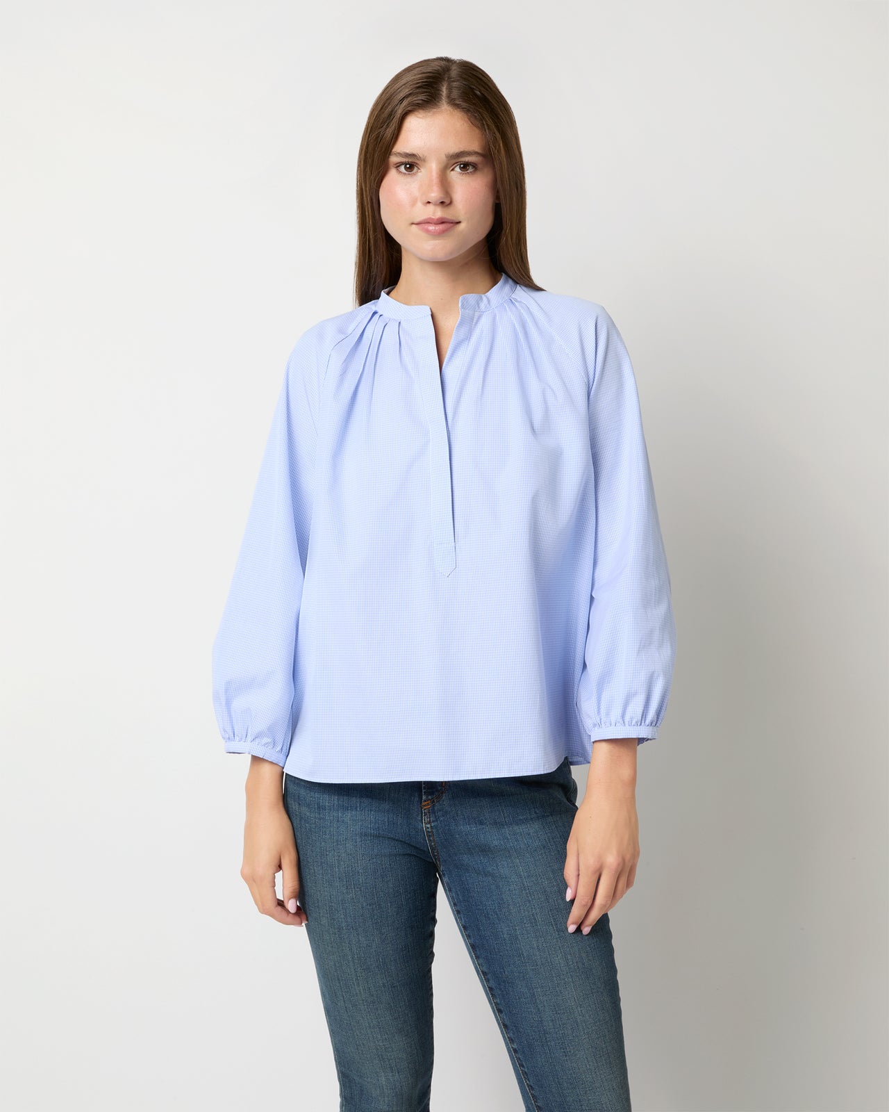 Sienna Top in Sky/White Mini Check Poplin
