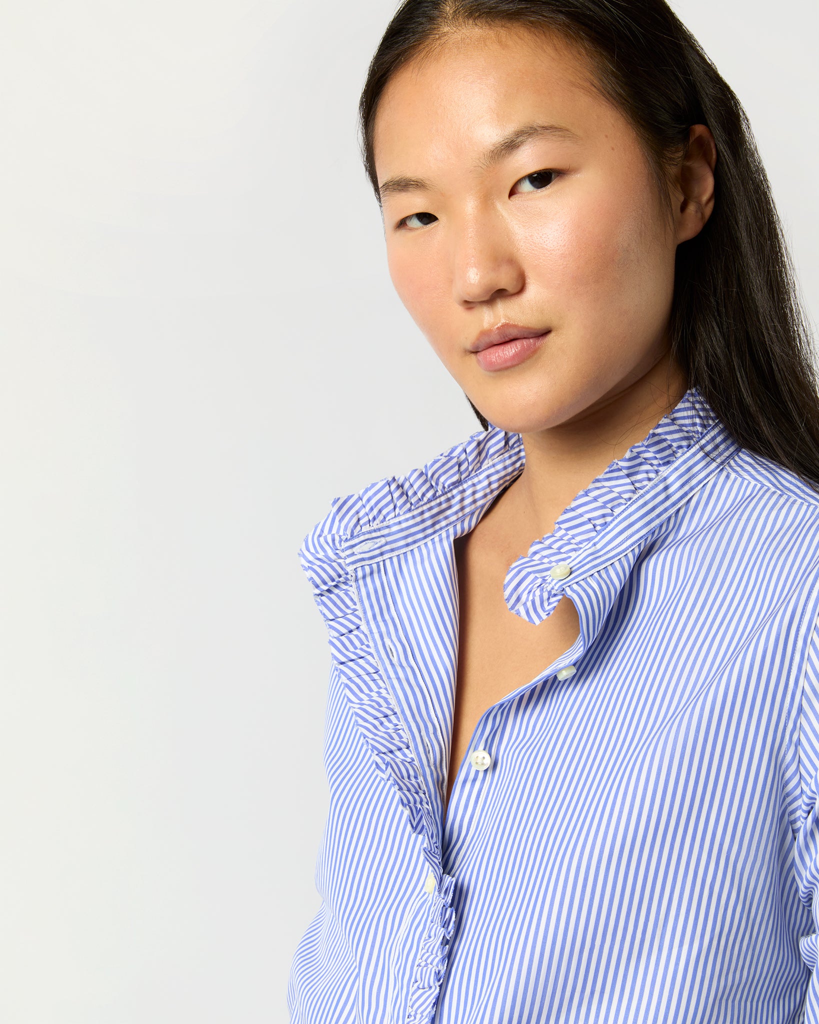 Frill Shirt in Blue Bengal Stripe Poplin