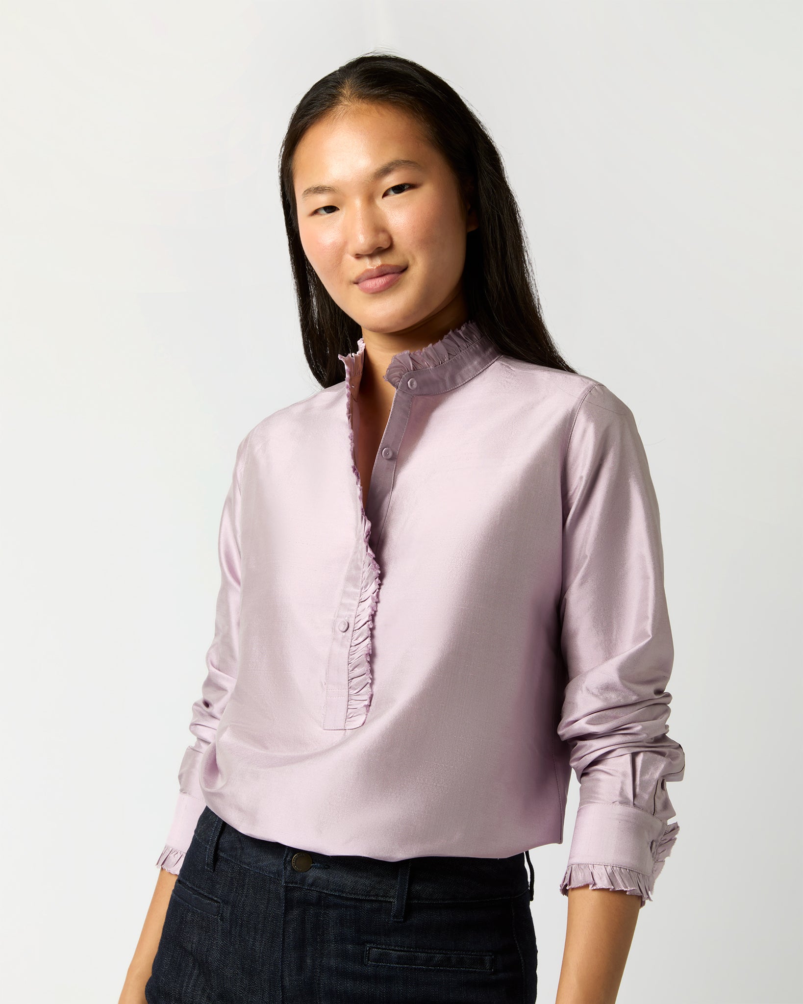 Frill Shirt in Lilac Silk Shantung