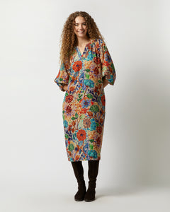 Trapunto Blouson Dress in Multi Floral Wool Crepe