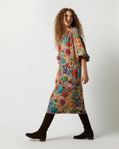 Trapunto Blouson Dress in Multi Floral Wool Crepe