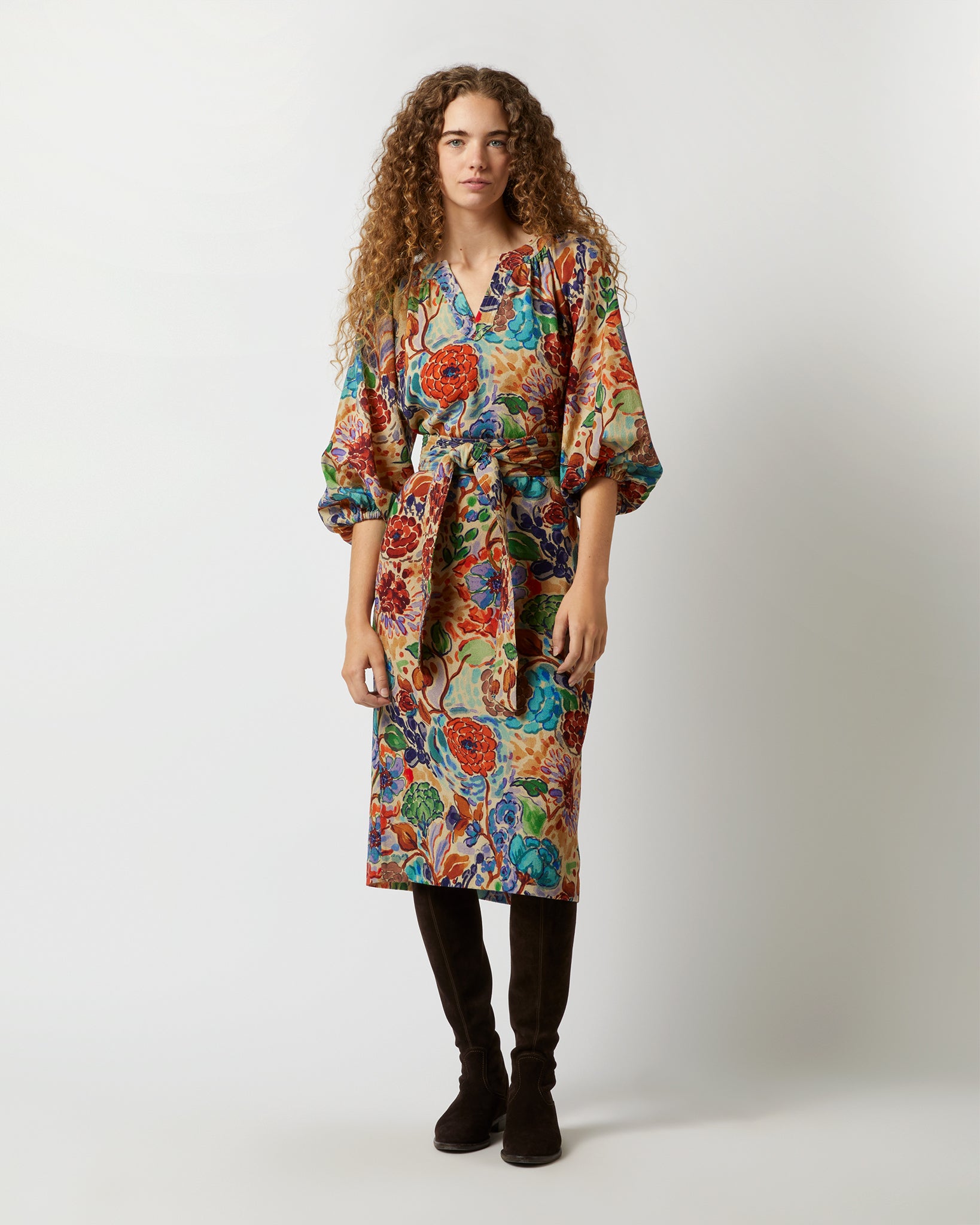 Trapunto Blouson Dress in Multi Floral Wool Crepe