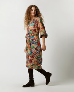 Trapunto Blouson Dress in Multi Floral Wool Crepe