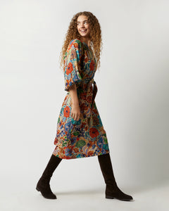 Trapunto Blouson Dress in Multi Floral Wool Crepe