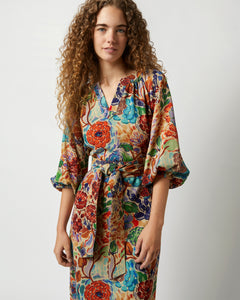 Trapunto Blouson Dress in Multi Floral Wool Crepe