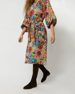 Trapunto Blouson Dress in Multi Floral Wool Crepe