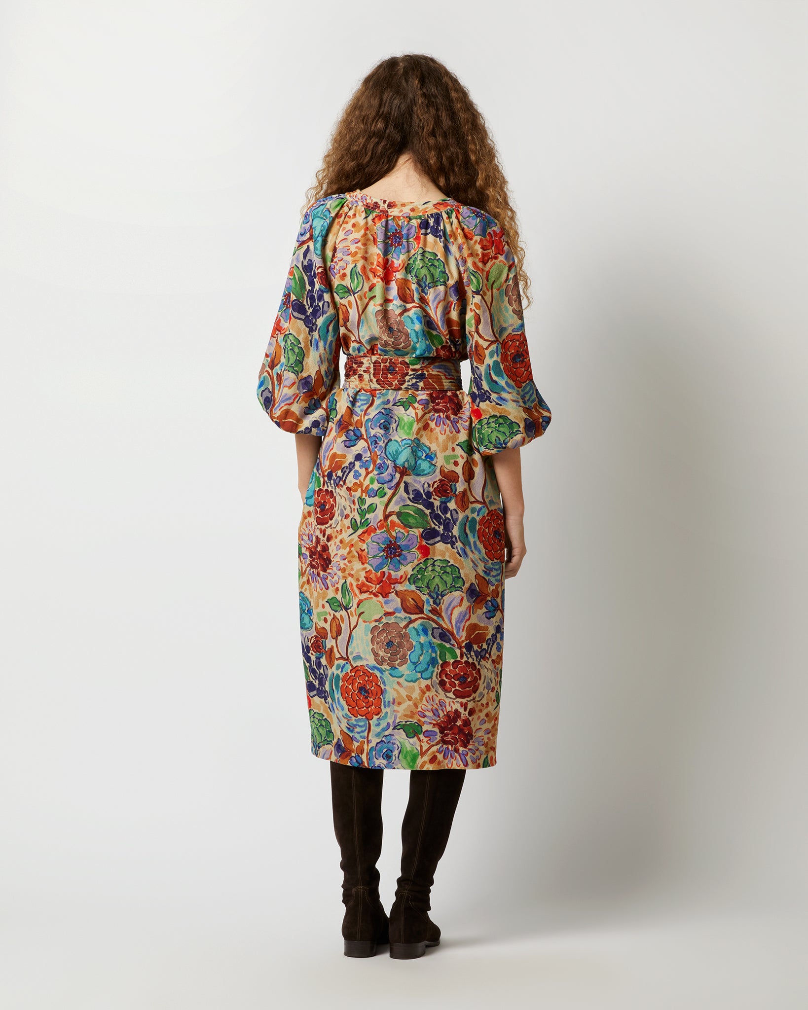 Trapunto Blouson Dress in Multi Floral Wool Crepe