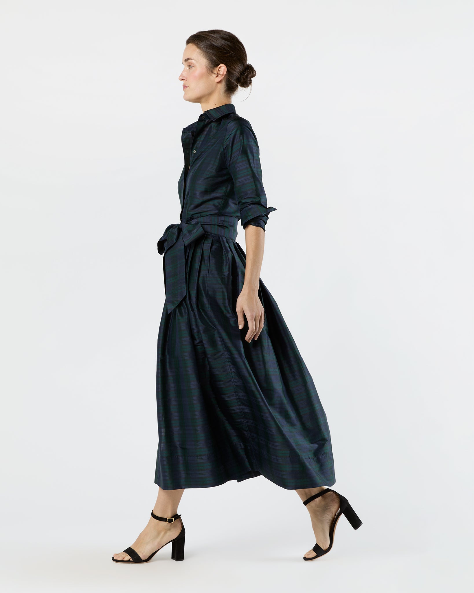 Classic Shirtwaist Maxi Dress in Blackwatch Silk Shantung