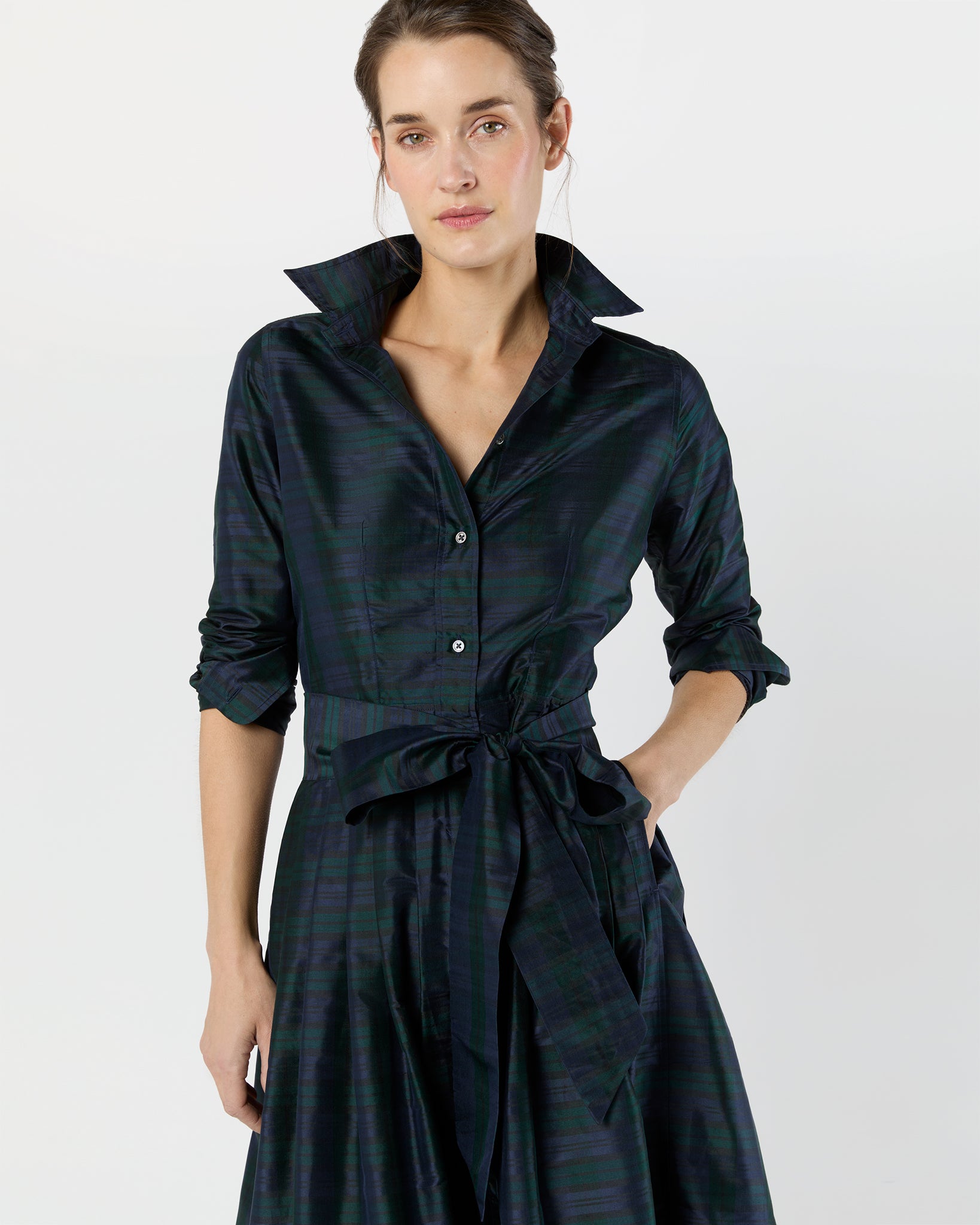 Classic Shirtwaist Maxi Dress in Blackwatch Silk Shantung